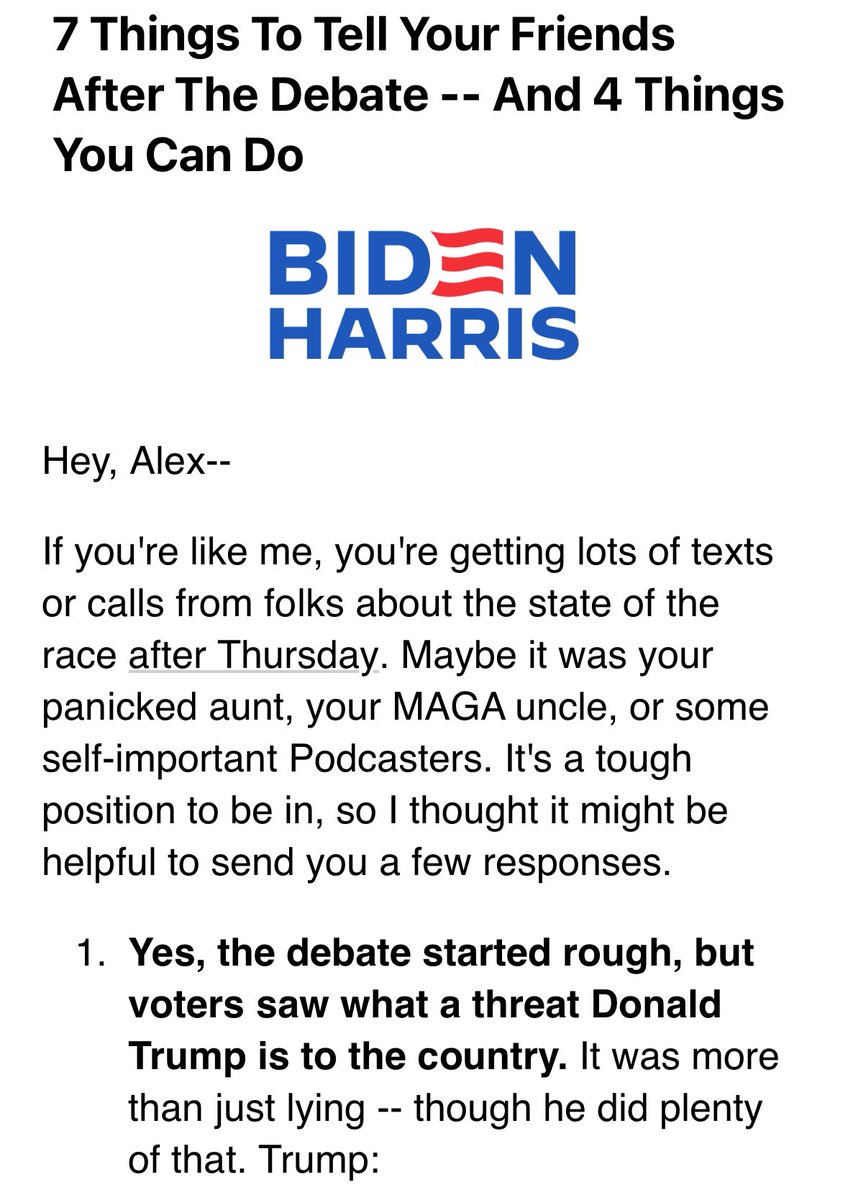alx's tweet photo. The Biden Campaign is sending out emails telling people how to respond to their friends who talk about Joe’s incoherent performance at the debate 🤣 https://t.co/NRjCC1Ov0b