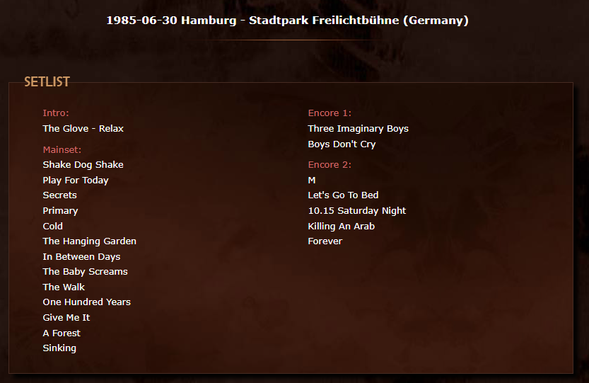 CureGig's tweet photo. 39ys ago today The Cure debuted Sinking in Hamburg

It remained a concert regular, featuring in 88% of sets from this one up to April '87 before being dropped altogether until 1998

20th C Sinkings have been sporadic
Sinking did play 12/76 shows in '16 but only at Cureation since https://t.co/GZwxAAWwIu