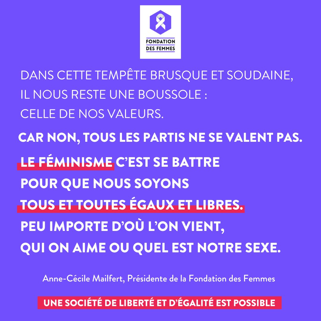 Fondation des Femmes (@fondationfemmes) on Twitter photo Une autre société de liberté et d'égalité est possible
'Le féminisme c’est se battre pour que nous soyons tous et toutes égaux et libres. Peu importe d’où l’on vient, qui on aime ou quel est notre sexe.'
<a href="/AnneCMailfert/">Anne-Cécile Mailfert</a>, Présidente de la Fondation des Femmes. Une autre société de liberté et d'égalité est possible
'Le féminisme c’est se battre pour que nous soyons tous et toutes égaux et libres. Peu importe d’où l’on vient, qui on aime ou quel est notre sexe.'
<a href="/AnneCMailfert/">Anne-Cécile Mailfert</a>, Présidente de la Fondation des Femmes.