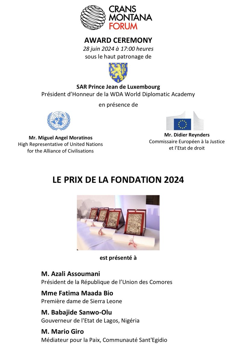 AmbJPCarteron's tweet photo. Forum de Crans Montana - 36eme session annuelle - Bruxelles - Juin 2024
Prestigieuse cérémonie de remise du Prix de la Fondation par M. Miguel Angel #Moratinos, Haut Représentant des Nations Unies pour l’Alliance des Civilisations et M. Didier #Reynders, Commissaire Européen a la Justice et a l’Etat de droit
@MiguelMoratinos @dreynders