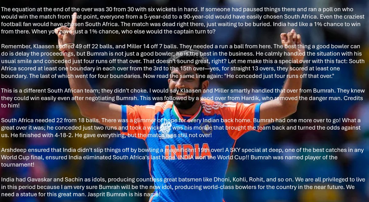 I_am_subu's tweet photo. Let's call it as Bumrah's world cup.
#T20WorldCup2024  #JaspritBumrah #GOAT𓃵 https://t.co/mHCTAilXni