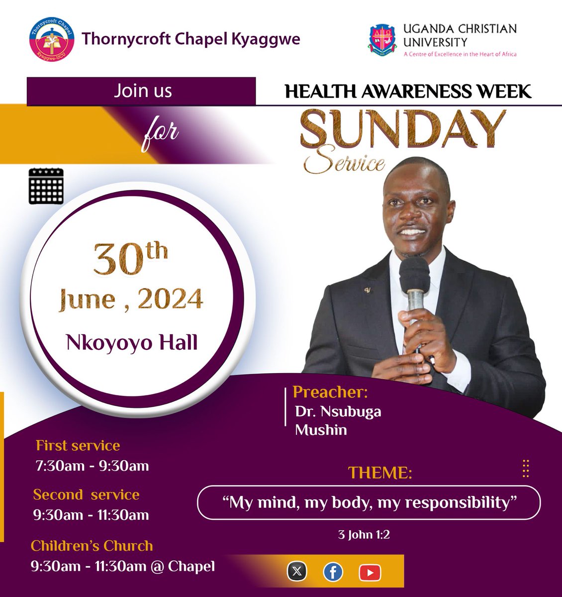 ThornycroftChap's tweet photo. #SundayServiceLive @UCUniversity 
"My mind, my body, my responsibility" with Dr. Mushin Nsubuga. 
https://t.co/fpsGRnKq46* https://t.co/5zRSxQUjET