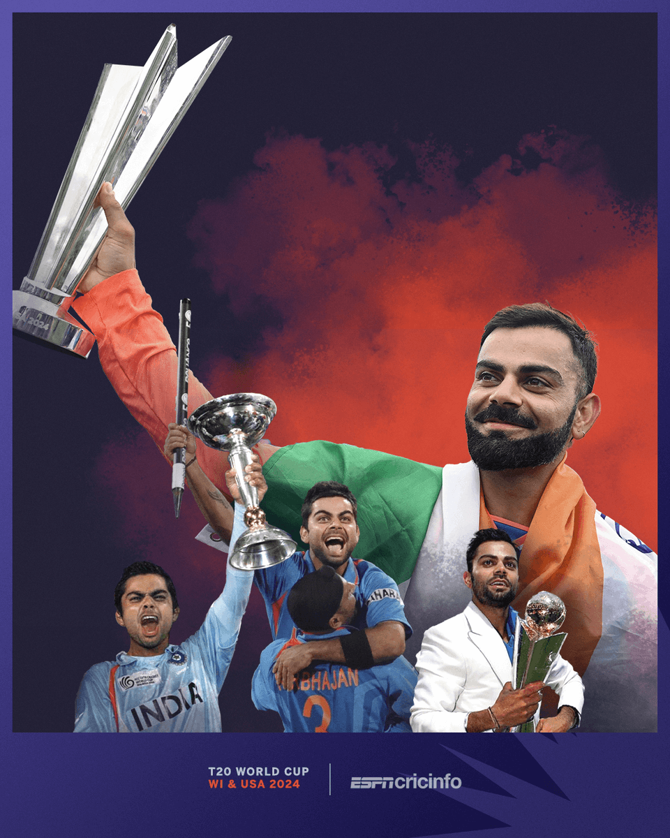 cricinfo's tweet photo. 2008 Under-19 World Cup 
2011 ODI World Cup
2013 Champions Trophy
2024 #T20WorldCup

Virat Kohli, a champion player ✨ https://t.co/PguF7BVc0o