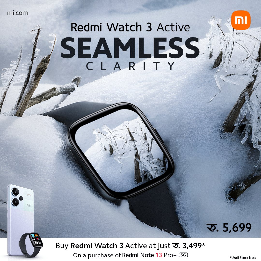 XiaomiNepal's tweet photo. Experience seamless clarity with the 𝐑𝐞𝐝𝐦𝐢 𝐖𝐚𝐭𝐜𝐡 𝟑 𝐀𝐜𝐭𝐢𝐯𝐞, featuring a 1.83 inch HD display. Available now with special bundle offers.

#RedmiWatch3Active #HDDisplay #SeamlessClarity https://t.co/1wP0Q98iNe