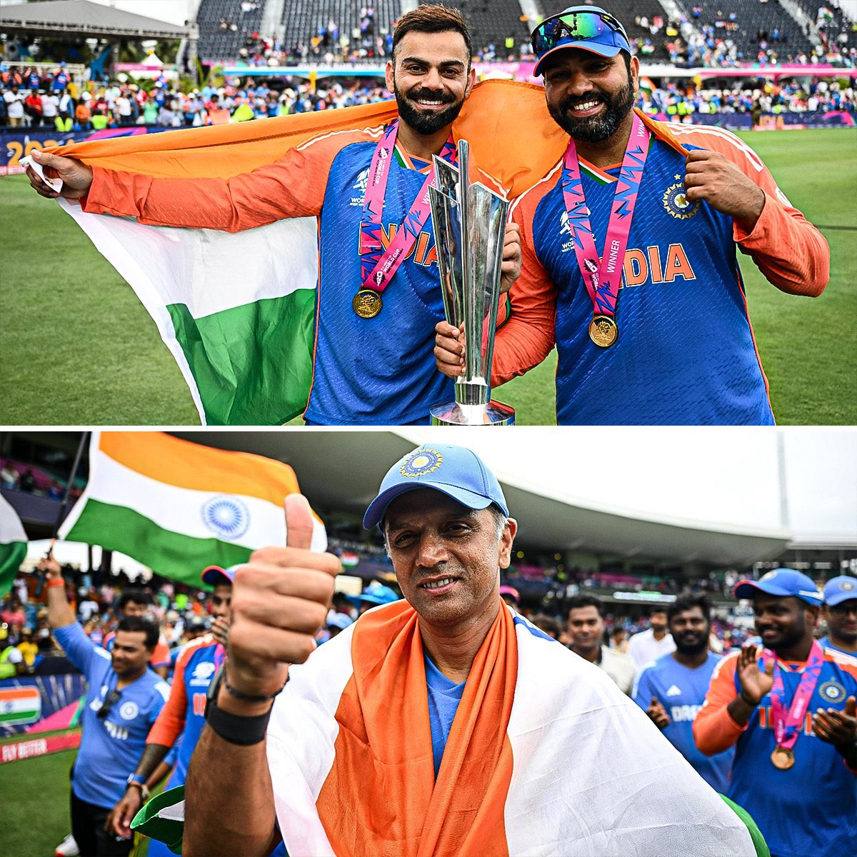 Chak De India!!!! 🇮🇳🇮🇳🇮🇳🇮🇳💙🏆
India New WC Champion
T20 WC 2024 (West-Indies &amp; USA)
Best FareWell For Tri-Murti
Rohit Sharma and Virat Kohli - 𝑹𝒆𝒕𝒊𝒓𝒆𝒅 𝒇𝒓𝒐𝒎 𝐓𝟐𝟎𝐈𝐬.
Rahul Dravid - 𝑺𝒊𝒈𝒏𝒆𝒅 𝒐𝒇𝒇 𝒇𝒓𝒐𝒎 𝒉𝒊𝒔 𝑰𝒏𝒅𝒊𝒂 𝒄𝒐𝒂𝒄𝒉 𝒔𝒕𝒊𝒏𝒕.
End of an era