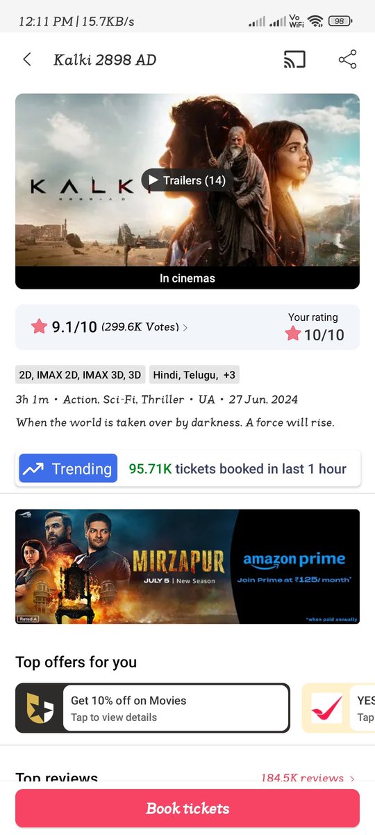 Ramesh53503257's tweet photo. Highest Number of Tickets Sold on BMS in 1Hr :
1. #Kalki2898AD: 95K+ (#1position)
2. #Jawan :86K
3. #Leo : 83K
4. #Animal : 80K
5. #Tiger3 :66K
6. #Gadar2 :63K
7. #Salaar :55K
#NagAshwin
#Prabhas𓃵
#AmitabhBachchan
#Kalki2898AD set many records 😳 https://t.co/oLH4cz5JBN