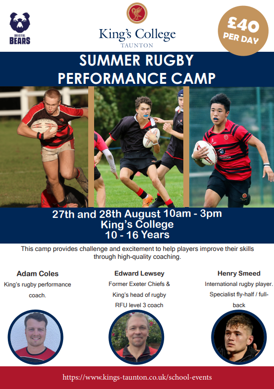 Spaces are filling up quick for our Summer Rugby Performance Camp, Book now to reserve your place  🏉

📅 27th - 28th August 
⏰ 10 AM - 3 PM 
👥 Ages: 10-16
🎫 zurl.co/LRQ4

#KingsCollegeTaunton #SportingExcellence