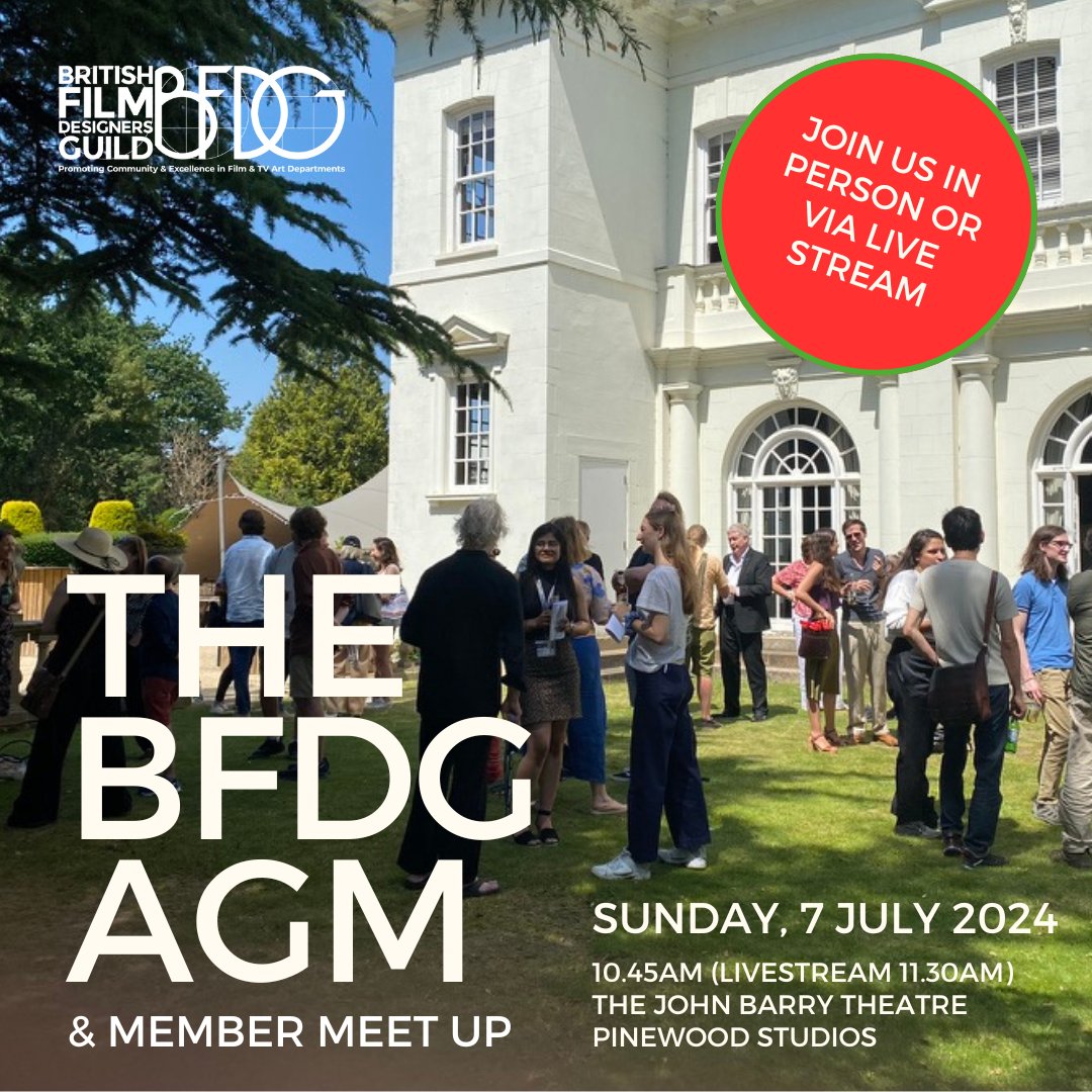 Join us for our AGM next  Sunday 7th July in the John Barry Theatre at Pinewood Studios. If you can't make it in person then you can join us via our Live Feed.

Drinks afterwards in the garden at Heatherden House

Book: bfdg.wildapricot.org/event-5750250