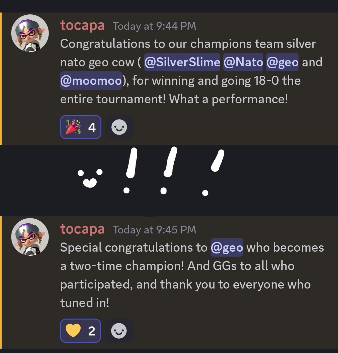 team silver nato geo cow (DOUBLE COOLER COMP 🔥) takes 🥇 first overall in splatoon PNW's first draft tourney! we went 18-0, not dropping a single game. ggs to everyone we faced! thank you to my teammates @NatoNXT @SilverSlime_Spl <a href="/cowinthecloset/">moo</a> for being so kind + amazing (: !!