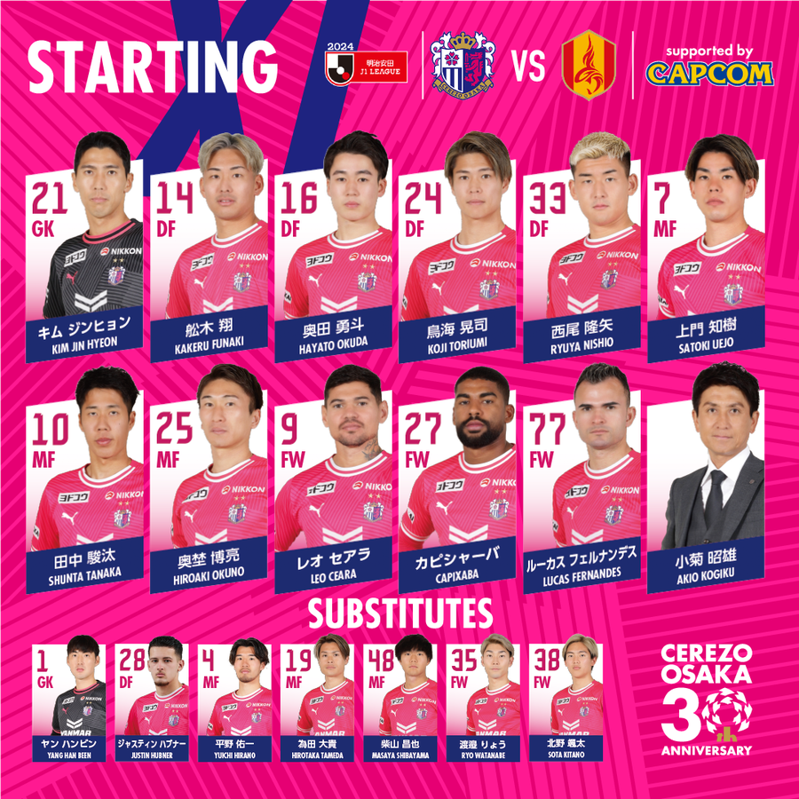 crz_official's tweet photo. 明治安田J1リーグ 第21節
6/30 18:00 KICK OFF⚽️
#セレッソ大阪 × 名古屋グランパス
🐺🌸STARTING LINEUP🌸🐺
キックオフ迫る！
みなさま熱い応援よろしくお願いします🔥

試合を見るなら #DAZN で！
詳しくは👇
https://t.co/xXqK5hqXhy

#ForOurOsaka

#ヘソプロダクションサポーティングマッチ https://t.co/IEgsM99arc