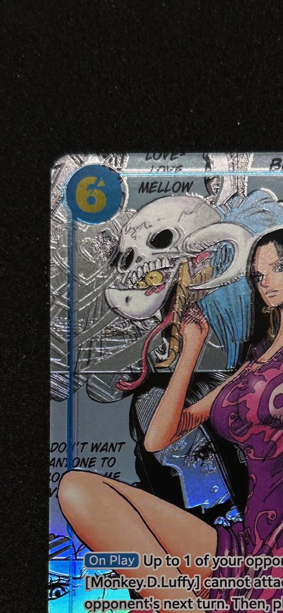 JinsolHahn's tweet photo. @AndyCollectz my friend pulled this specific card and is unsure on its potential value.
What are your thoughts? It has a printing error that causes a double-vision like distortion.
#onepiece #tcg #onepiecetcg #optcg #op07 #boahancock #mangarare #errorcard #printingerror https://t.co/i2wym1rTkm