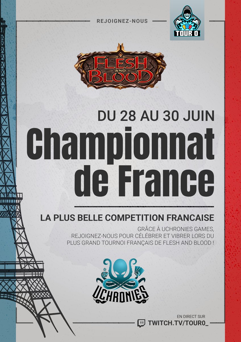 On est reparti pour les Championnat de France de <a href="/fabtcg/">Flesh and Blood</a> avec <a href="/uchroniesgames/">Uchronies Games</a> !! Du beau monde qui joue ce Jour 2 pour le top 8 puis le titre !

twitch.tv/Tour0_