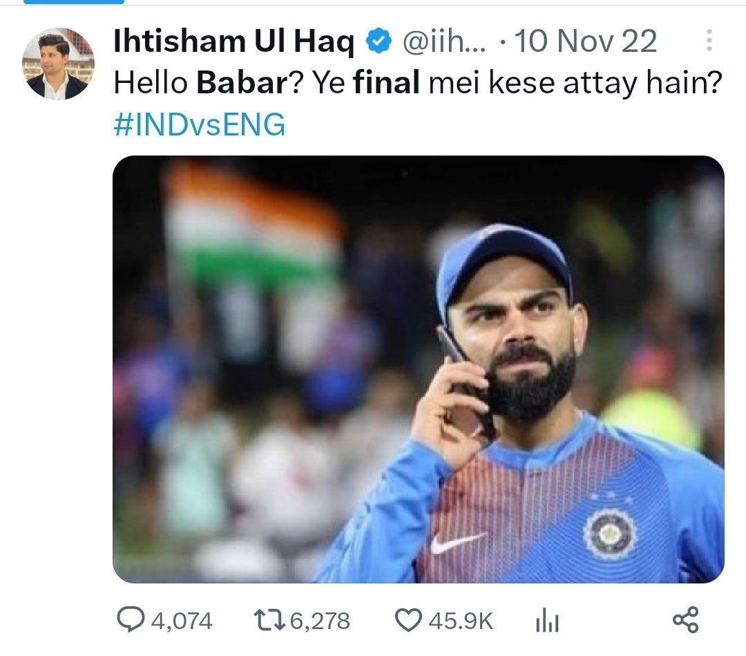 BoiesX45's tweet photo. After this post:

- Virat Kohli played in the WTC Final, Asia Cup Final, ODI WC Final, and T20I WC Final.

- Babar Azam in those tournaments: group stage exit in WTC, group stage exit in Asia Cup, group stage exit in ODI WC, and group stage exit in T20I WC.

This is real karma 🫡 https://t.co/5Q5C91K0g4