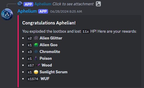 This is my lootbox in <a href="/ApheliumGame/">Aphelium</a> which i obtain by doing easy dungeon hunt which i get this juicy prizes hehe.
#ApheliumGame 
#P2E 
#P2EGame 
#WAXNFT 
#WAXFAM