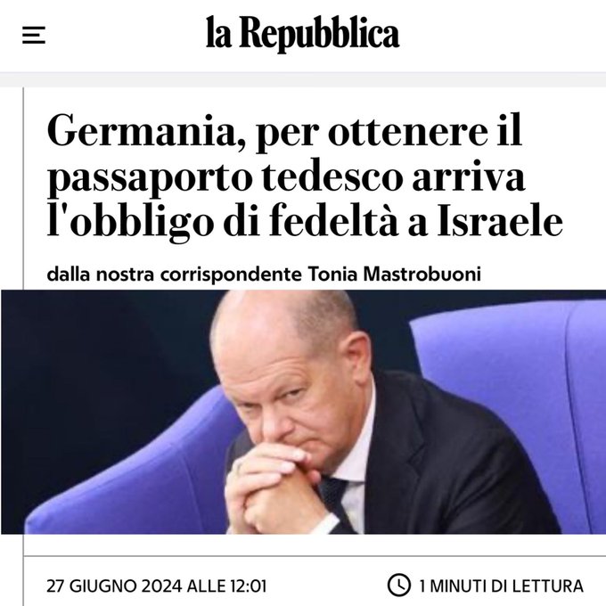 Doppio giro di vite del governo Scholz in di Israele come ragione di Stato.  Ricatto passaporto adesso<a href="/tag/obbligofedeltaisraele"class="tags"><span>#obbligofedeltaisraele</span></a>