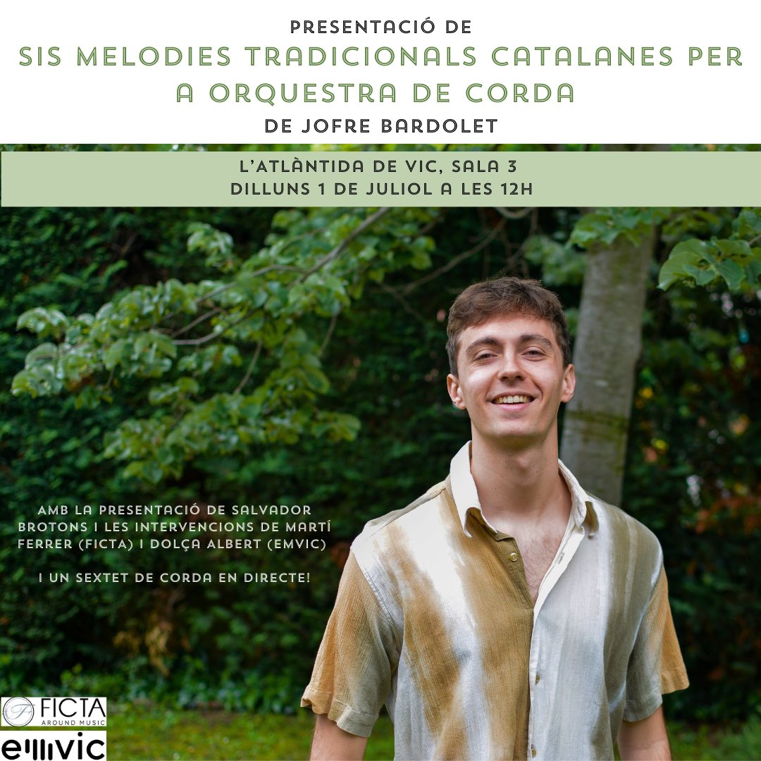 jofrebardolet's tweet photo. DEMÀ!🤩
A la Sala 3 de l’@latlantidavic presentem les Sis melodies tradicionals catalanes per a orquesta de corda! 
Gràcies @FictaEdicions @escolamusicavic @SalvadorBrotons @MartiFerrerB @DolcaAlbert i al meravellós sextet que tocarà en directe dues de les peces! https://t.co/CgiuHzGFuk