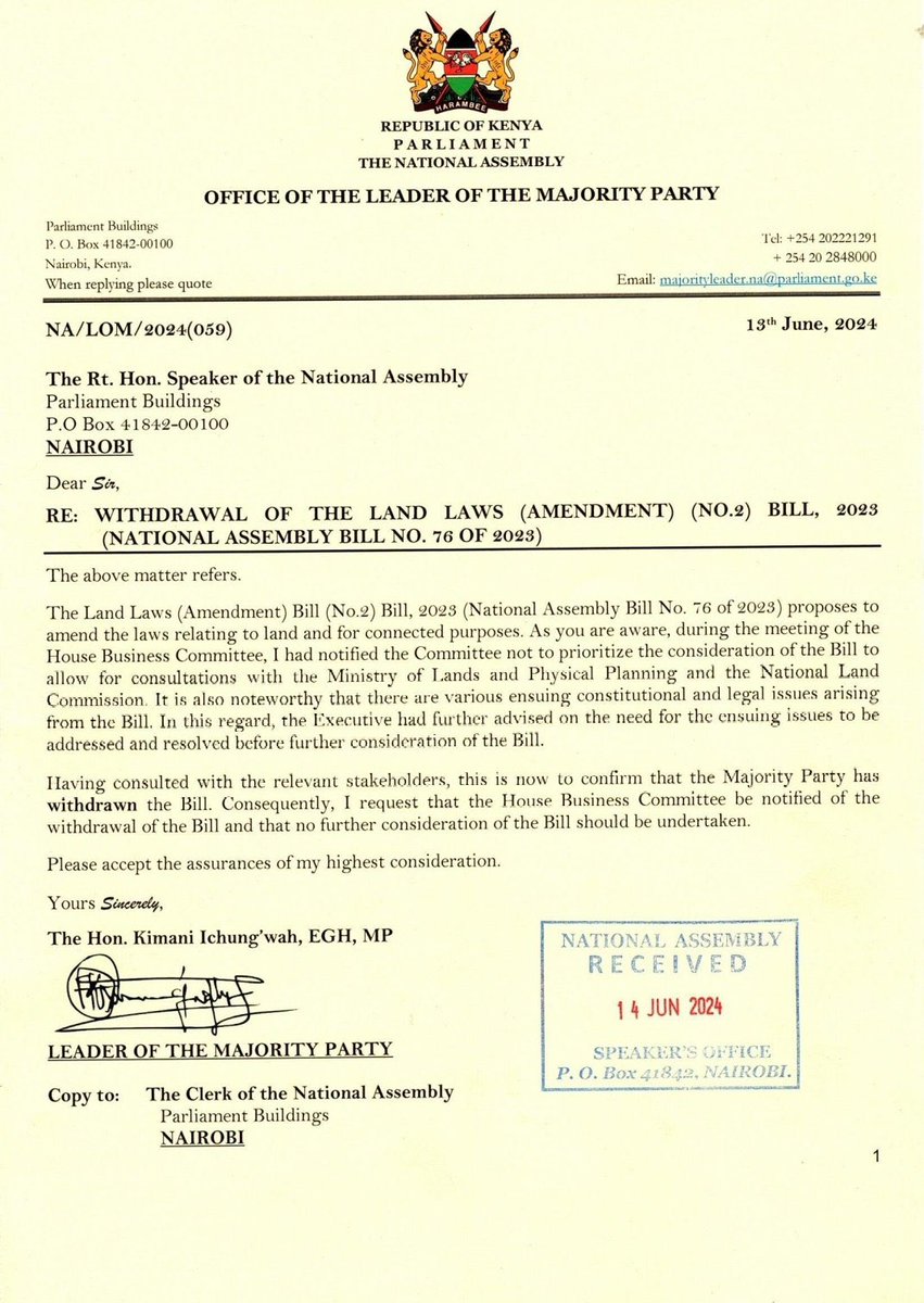 OkiyaOmtatah's tweet image. @NAssemblyKE Majority Leader @KIMANIICHUNGWAH has written to the Speaker @HonWetangula to withdraw the Land Laws Amendment Bill (2023). 

It’s working. Gen Z, does the pressure increase or decrease? #OccupyEverywhere

In the book of Isaiah 10:1 -4 Woe to those who make unjust…