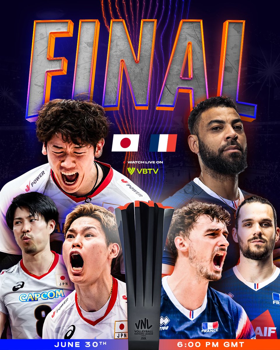 volleyballworld's tweet photo. JAPAN 🇯🇵 OR 🇫🇷 FRANCE?

🏆 Who do you think will win the 2024 #VNL? 

📺 LIVE TODAY JUNE 30 6PM GMT ON https://t.co/Rb6x7u4TwH.

🏆 #VNLFinals #VNL2024 #volleyball https://t.co/n2iw3tnR3Y