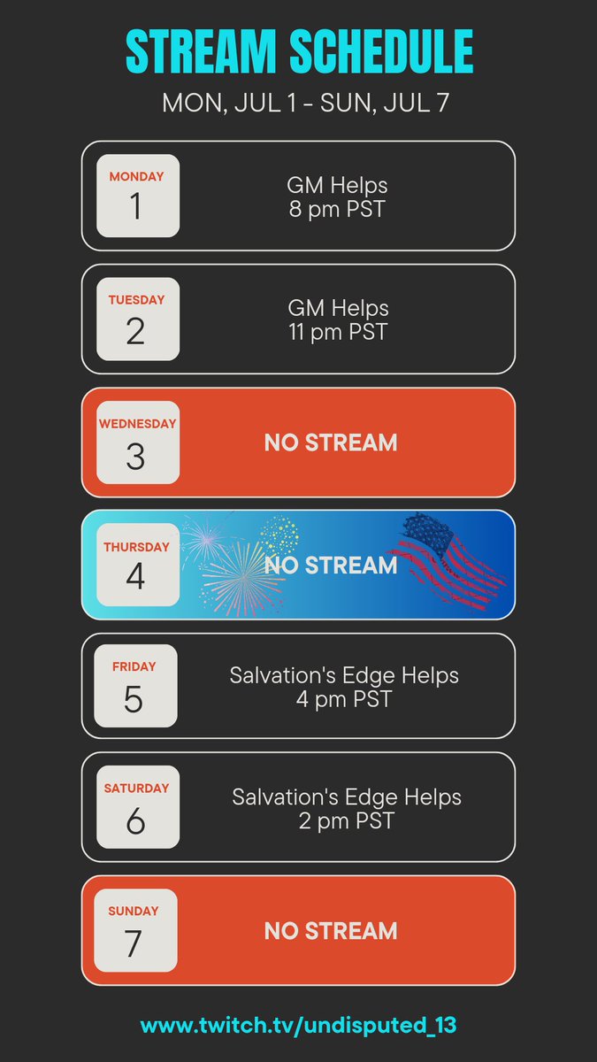 New stream schedule for the week come by and say hello!