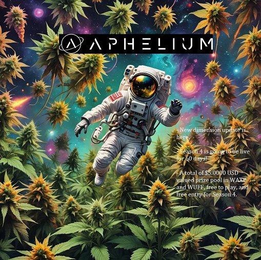 Join us guys with our adventures in <a href="/ApheliumGame/">Aphelium</a>

- New dimension update is here.

- Season 4 is going to be live for 60 days!  

- A total of $5.0000 USD valued prize pool in WAXP and WUFF, free to play, and free entry for Season 4.

#ApheliumGame 
#WAXFAM 
$WUF 
#P2E