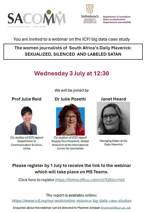 Marenet Jordaan (@marenetjordaan) on Twitter photo Please RSVP by 1 July for a webinar based on an <a href="/ICFJ/">International Center for Journalists</a> report about online abuse directed at female journalists from the Daily Maverick. You will receive a MS Teams link for Wednesday 3 July at 12:30. RSVP through the attached QR code or at this link: forms.office.com/r/z7QS9vcMs8 Please RSVP by 1 July for a webinar based on an <a href="/ICFJ/">International Center for Journalists</a> report about online abuse directed at female journalists from the Daily Maverick. You will receive a MS Teams link for Wednesday 3 July at 12:30. RSVP through the attached QR code or at this link: forms.office.com/r/z7QS9vcMs8