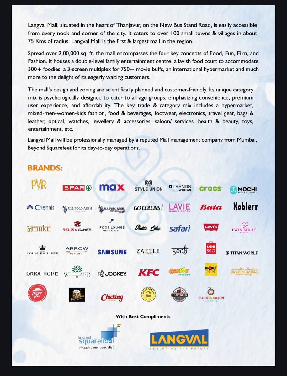 TamilNaduInfra's tweet image. Thanjavur’s first mall - #Langval Mall to be inaugurated on 10th July 2024 by TN Ministers @Anbil_Mahesh &amp;amp; @TRBRajaa 

The 2 lakh sqft mall will boast popular brands like Lavie, Louis Philippe, Arrow, KFC, Pizza Hut, Crocs, Big Barbeque, etc and a 3 screen multiplex by #PVR.