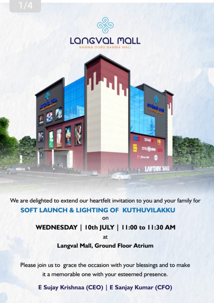 TamilNaduInfra's tweet image. Thanjavur’s first mall - #Langval Mall to be inaugurated on 10th July 2024 by TN Ministers @Anbil_Mahesh &amp;amp; @TRBRajaa 

The 2 lakh sqft mall will boast popular brands like Lavie, Louis Philippe, Arrow, KFC, Pizza Hut, Crocs, Big Barbeque, etc and a 3 screen multiplex by #PVR.