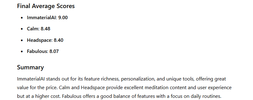 ImmaterialAI's tweet photo. Put in the features of IAI into ChatGPT and have it compared with @Headspace , @calm and @GetTheFabulous 

Headspace and Calm have over 500 employees and over 200 mil $ invested https://t.co/XYUHrI1Mz4