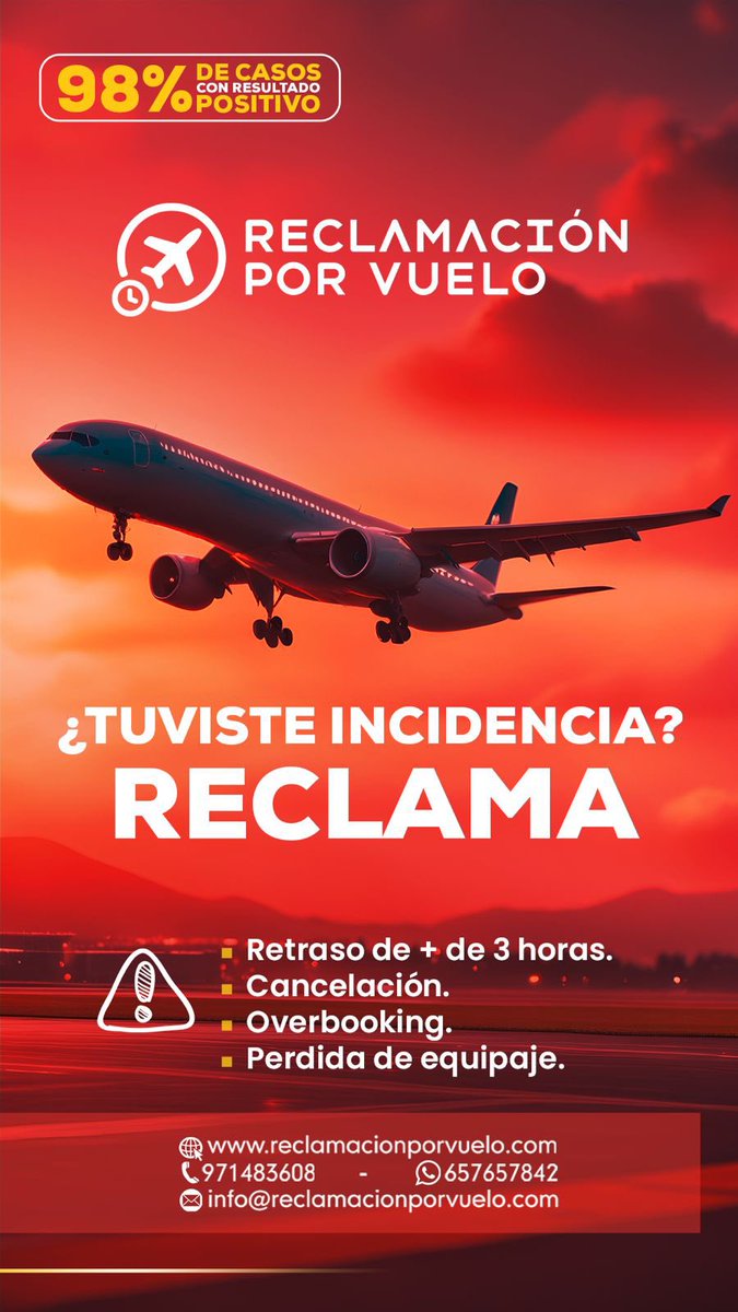 RECLAMACIONPOR1's tweet photo. ¿Tuviste una incidencia en tu vuelo? ¡Reclama tu compensación! ✈️💸 Tenemos un 98% de casos favorables. No lo dejes pasar.

🔗 https://t.co/HSZAJVIxwk
📲 WhatsApp o llamada al +34 657657842

#ReclamacionPorVuelo #DerechosDelPasajero #Compensación https://t.co/zWr3iMITAz