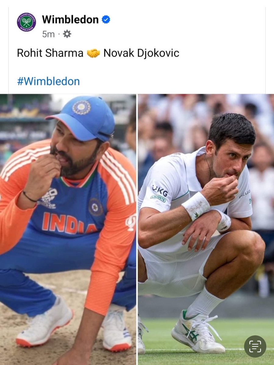 mufaddal_vohra's tweet photo. Wimbledon's Facebook post - GOATs eating grass. 

Rohit Sharma 🤝 Novak Djokovic. https://t.co/jrkCPBi7PX