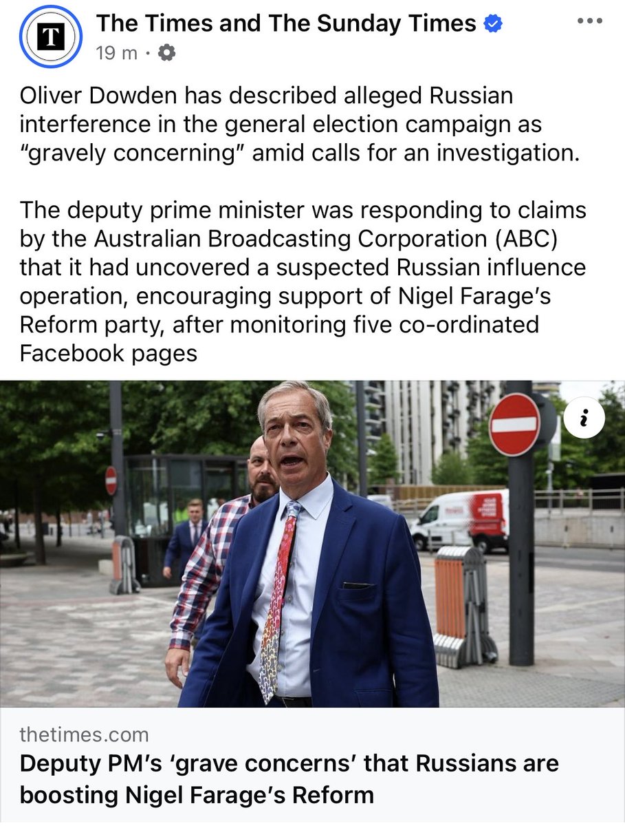 martindvz's tweet photo. The Australian Broadcasting Corporation (ABC) has uncovered a suspected Russian influence operation, encouraging support of Nigel Farage’s Reform party, after monitoring five co-ordinated Facebook pages https://t.co/DHb5RFVdss