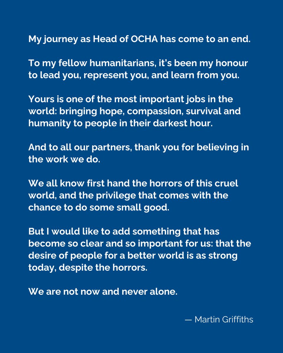 Tom Fletcher (@unreliefchief) on Twitter photo My journey as Head of <a href="/UNOCHA/">UN Humanitarian</a> has come to an end.
To my fellow humanitarians: it’s been an honour to be your colleague.
And to all our partners, thank you for believing in the work we do.
I’ll have a new account here soon. My journey as Head of <a href="/UNOCHA/">UN Humanitarian</a> has come to an end.
To my fellow humanitarians: it’s been an honour to be your colleague.
And to all our partners, thank you for believing in the work we do.
I’ll have a new account here soon.