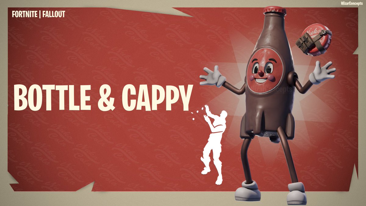 WizarMakes's tweet photo. #FORTNITE X #FALLOUT : Bottle &amp; Cappy BUNDLE

Includes the Bottle outfit, Cappy back bling &amp; pickaxe and the Raining Caps emote!

#FortniteChapter5Season3 #Fortnitexfallout #Fallout4 #Fortnitecollab #Fortniteconcept #FortniteWrecked https://t.co/D2vvYsogTX