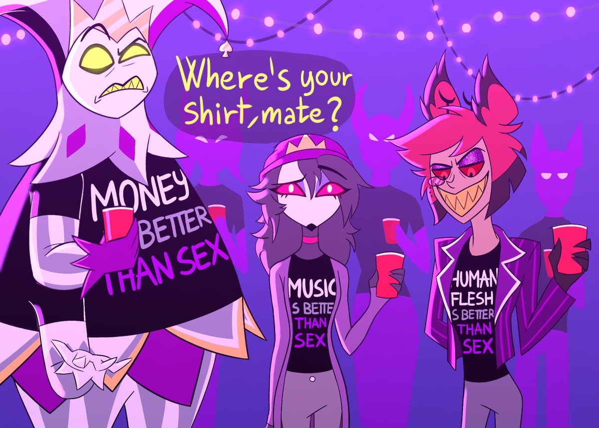 POV you forgot to wear your shirt to the "Plans for World Domination" meeting and now they think you're a spy (Via is there because she thought it was just a regular party)

#HazbinHotelAlastor #Mammon #HelluvaBoss #pride #helluvabossoctavia #ace