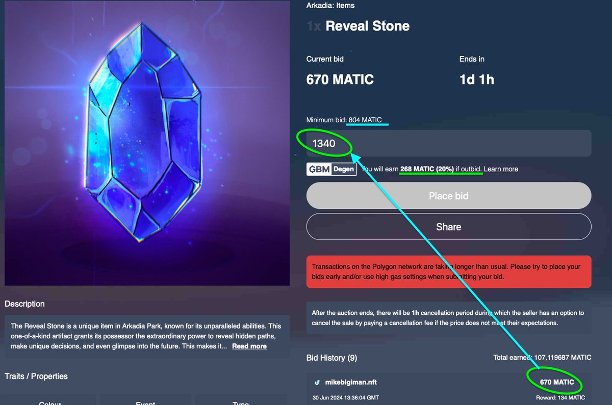 Check out the GBM Auction for Reveal Stone! market.arkadiapark.com/auction?saleId… #BidtoEarn 

If you double the current bid and are outbid, you will instantly get back your original bid plus a 20% reward. <a href="/Arkadia_Park/">Arkadia Park 🎢</a> brings you risk-free rewards. 
How cool is that? 👀