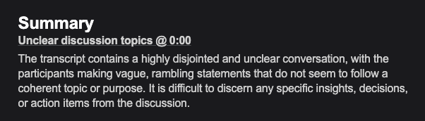 Summary of almost every meeting with R&amp;D:
(Thanks <a href="/FathomDotVideo/">Fathom</a> for the accurate summary)