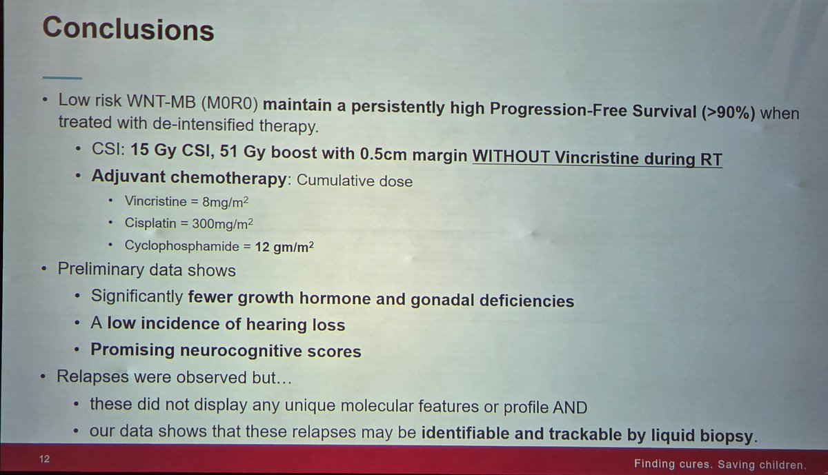 ⚡️⚡️⚡️Reduced-dose CSI (15 Gy), focal boost (51 Gy) with 0.5 cm margin followed by reduced adjuvant chemotherapy (only 4 cycles) in non-metastatic WNT medulloblastoma yield an impressive 5-year OS of 98.6% (!!), as per the SJMB12 phase 2 trial

#ISPNO2024