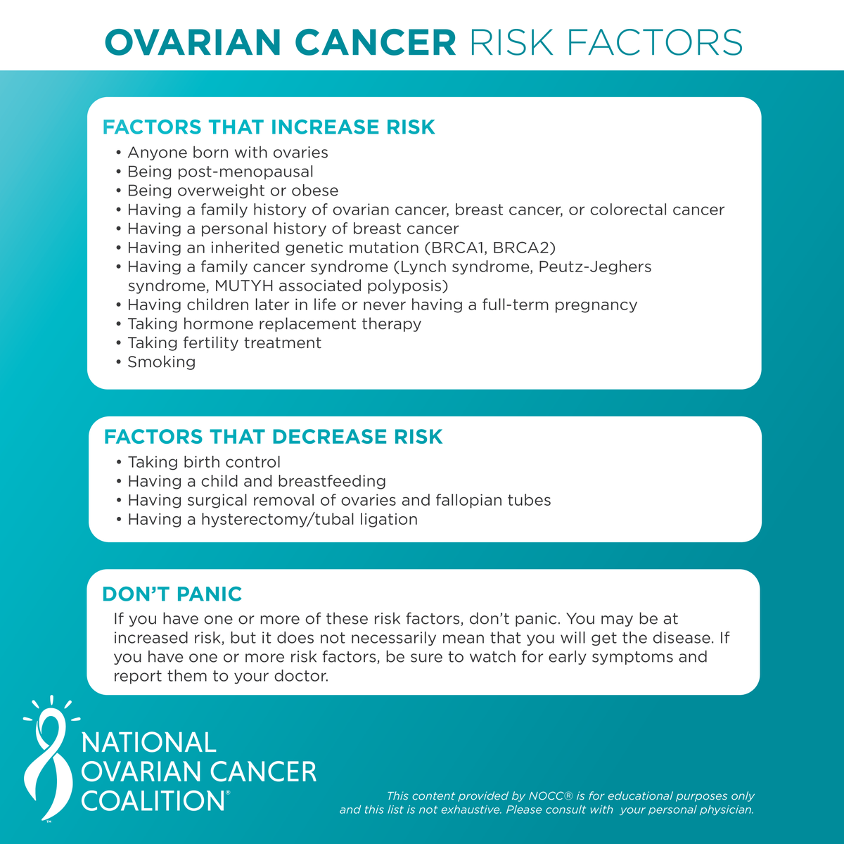 Anyone born with ovaries is at risk for #ovariancancer, but there are factors that can increase your risk. Learn about the risks, signs, and symptoms to support decision-making at your next healthcare visit. hubs.la/Q02DMZCZ0 #KnowOvarian