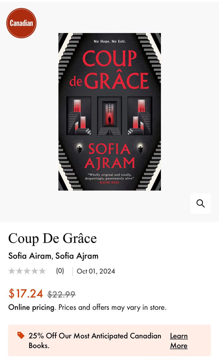 SofiaAjram's tweet photo. 🚨 Canadian friends! 🚨 

COUO DE GRÂCE is currently 25% off at @chaptersindigo for being on their “anticipated Canadian release” list! https://t.co/JSUFvueOKk