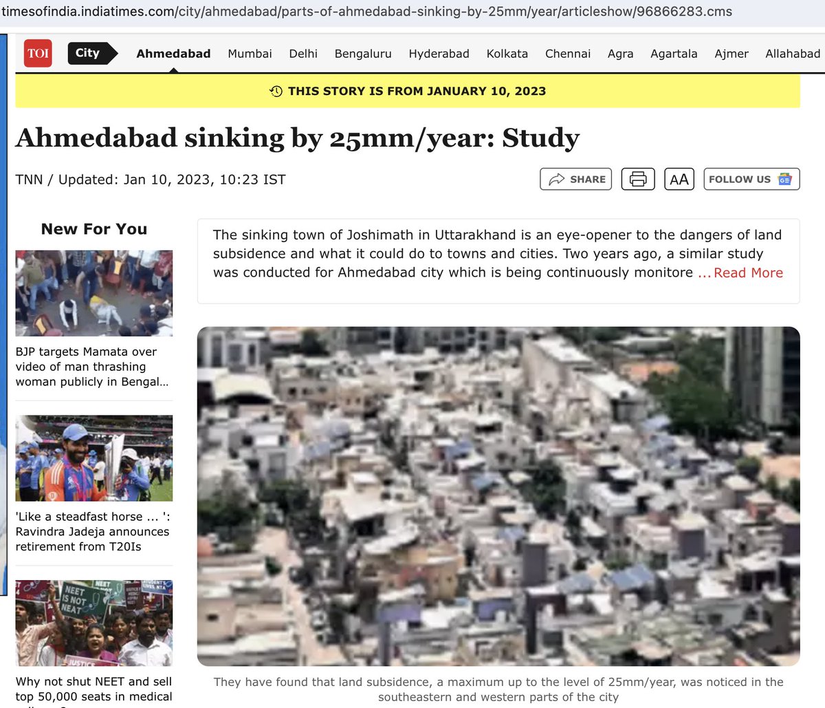 MadhishParikh's tweet photo. Ahmedabad is sinking by 25mm/year. Yes! you read it right. That's the reason for landslides. We all are in a sinking ship.

"Large scale groundwater extraction leads to vertical compression of aquifer sediments due to reduced pore pressure, and soil compaction. This in turn results in land subsidence. Land sinking promotes micro-level topographic changes, cracks and fissures in the surface, ultimately causing heavy damage to the infrastructure," claim ISR Researchers