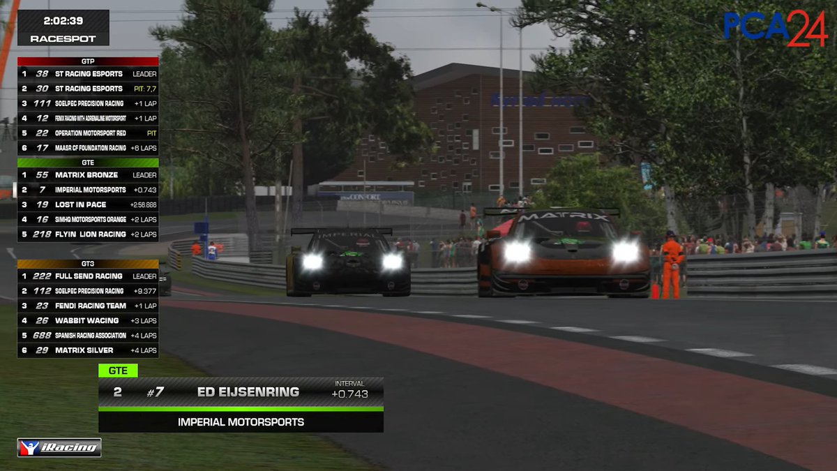 pcasimracing's tweet image. 🥊⌛️💥

Two hours left for the #PCA24, which means our class leaders are going to have a fight on their hands:

GTP: ST Racing Esports #38
GTE: Matrix Bronze
GT3: Full Send Racing

Catch the final two hours now on @RaceSpotTV: youtube.com/watch?v=SnZb2L…

#PCASimRacing
@PCANational