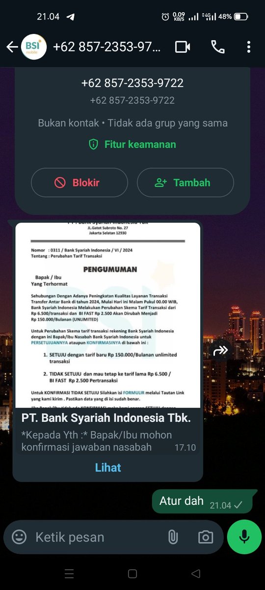 cdva_ar's tweet photo. @bankbsi_id Mohon ditindak lanjuti min, Nomor ini  Mengatas namakan BSI https://t.co/jFziP4ugOr