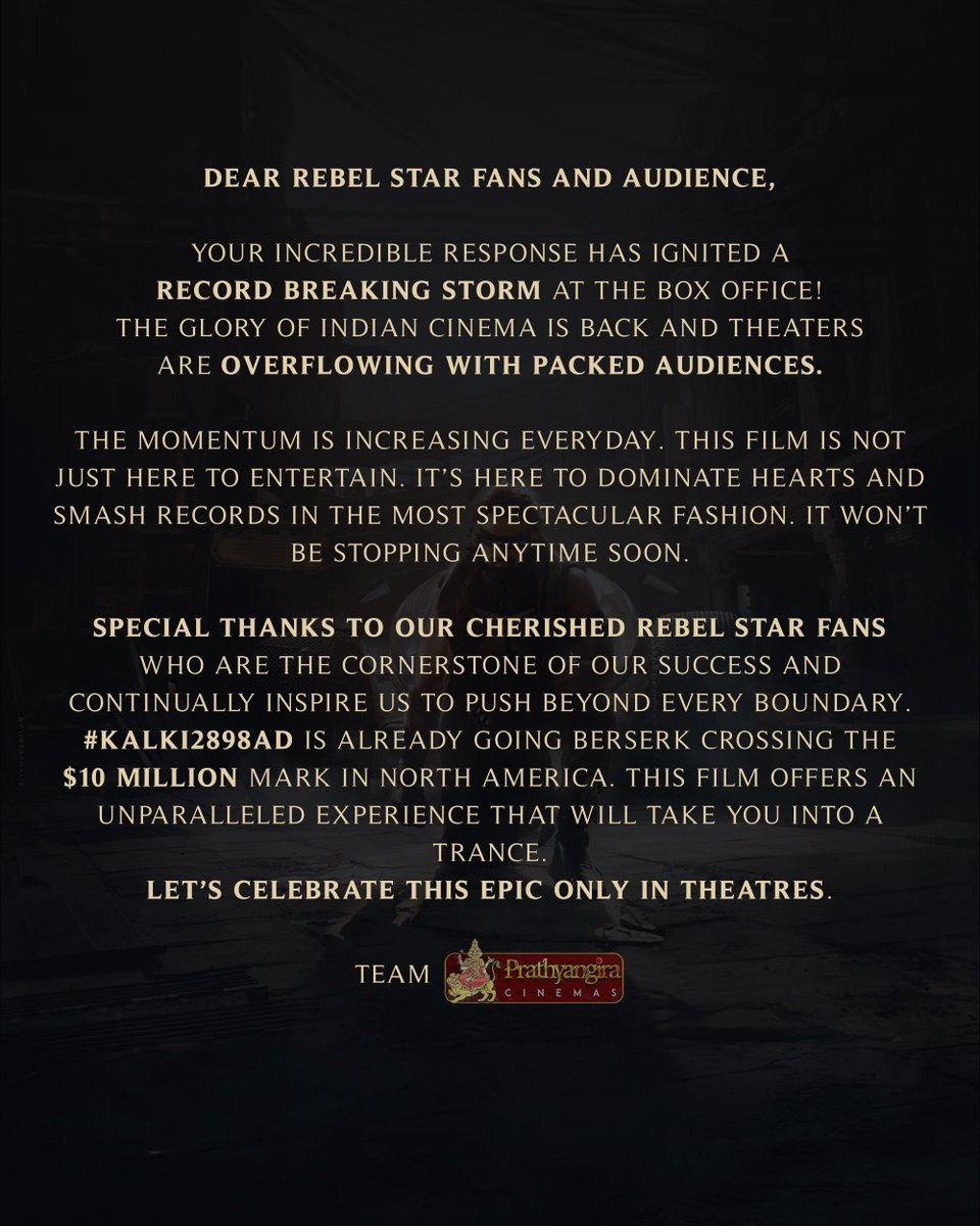 To all our dearest Darlings and Audience ❤️❤️

Thank you for experiencing the future with us and for taking us far beyond everything 🤗🤗

Forever grateful
Team Prathyangira Cinemas. 

#Prabhas #Kalki2898AD #EpicBlockbusterKALKI <a href="/VyjayanthiFilms/">Vyjayanthi Movies</a> <a href="/Kalki2898AD/">Kalki 2898 AD</a>