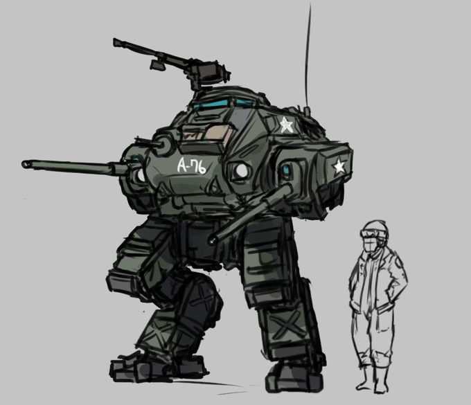 アイデアスケッチ。
アメリカ陸軍、対兵装備の歩行戦車。 