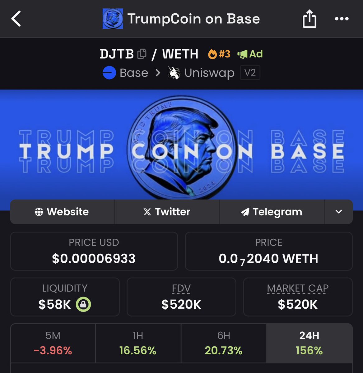 StereoxxxX's tweet photo. $DJTB:

10x like a beast

Majin the smell wen trump meta is back on full throttle. 

CA:
0x7D33b8ebae6de490729B83eD61E82878f4A4Df81 https://t.co/ODWQ7Q1AVl