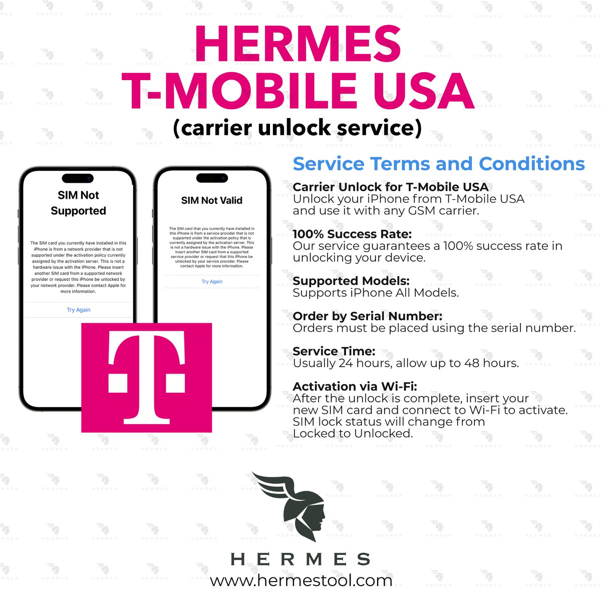 ❄️ Exciting News! ❄️

Carrier Unlock for T-Mobile USA has started!

Now supports all models from iPhone 7 to iPhone 15 Pro Max with a 100% success rate.

Thank you,
Hermes Team