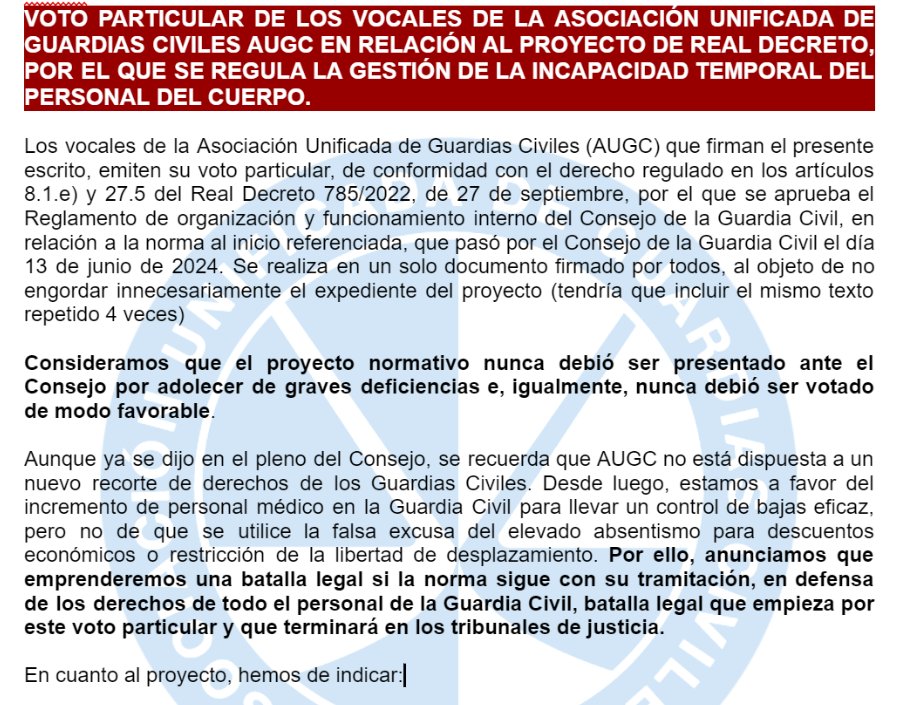 augc_juridico's tweet photo. El pasado pleno del Consejo, advertimos a la @guardiacivil que emprenderíamos una batalla legal contra el proyecto de RD de incapacidad temporal.
El primer paso lo dimos tras el pleno del Consejo con nuestro voto particular.
Pero desde entonces trabajamos en preparar el camino⬇️ https://t.co/ir0t9ajFoL