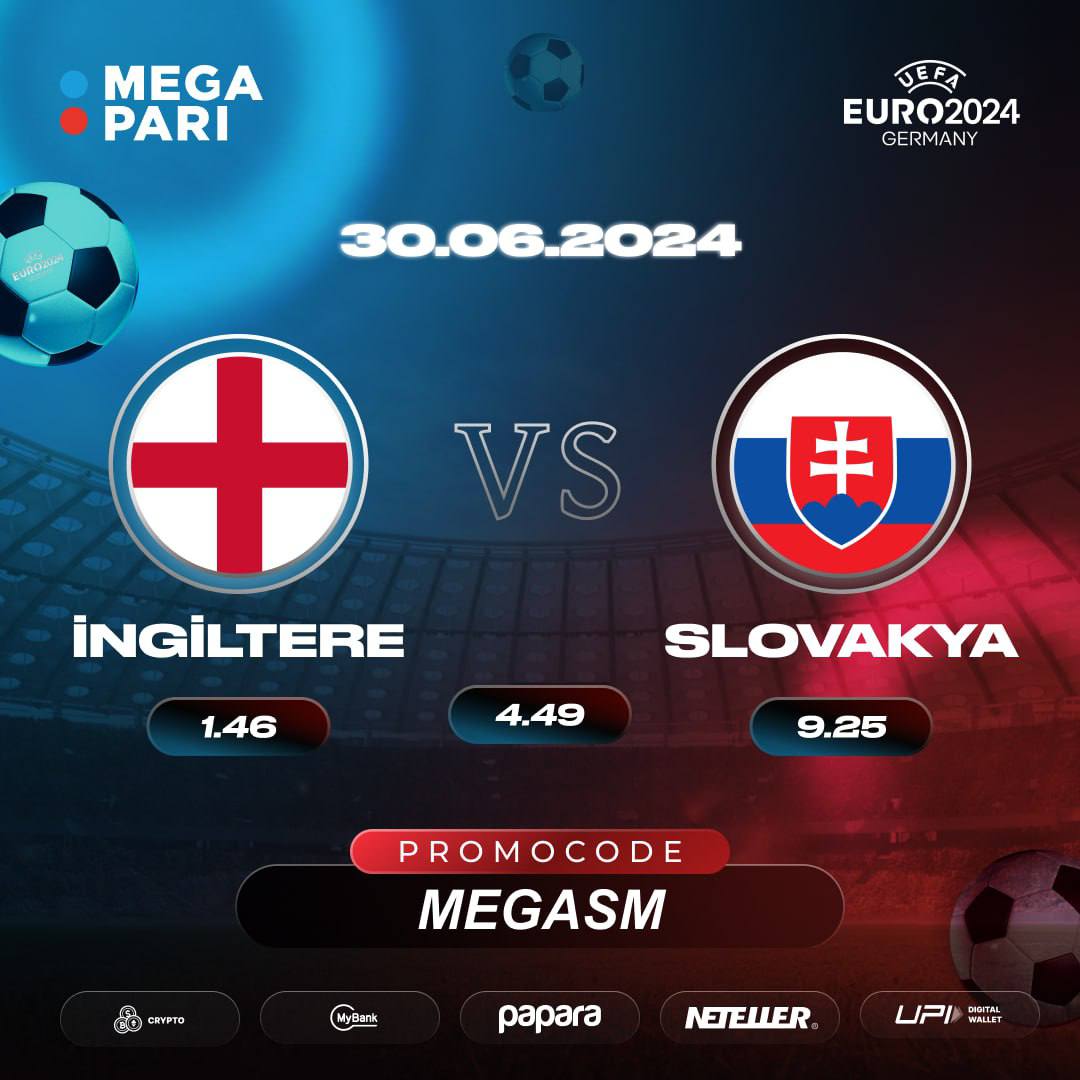 Megapari_Resmi's tweet photo. ⚽️Avrupa Şampiyonası Son 16 Turu                                                                                                 ⏰19:00
🆚İngiltere vs Slovakya
🏟️Arena AufSchalke

🔴🔵 Heyecan verici bir maceraya hazır mısınız? MegaPari birlikte yükselin!

Promosyon Kodu: MEGASM https://t.co/H2b6IlkZip