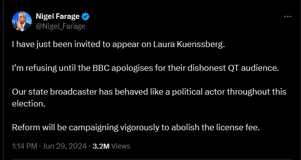 Spends entire career screeching at the BBC for not platforming him, so the BBC bend over backwards to make sure he's platformed. 

Still not enough for them, despite getting far more air time than other parties.

You can't appease them, they'll play the crybaby card constantly.