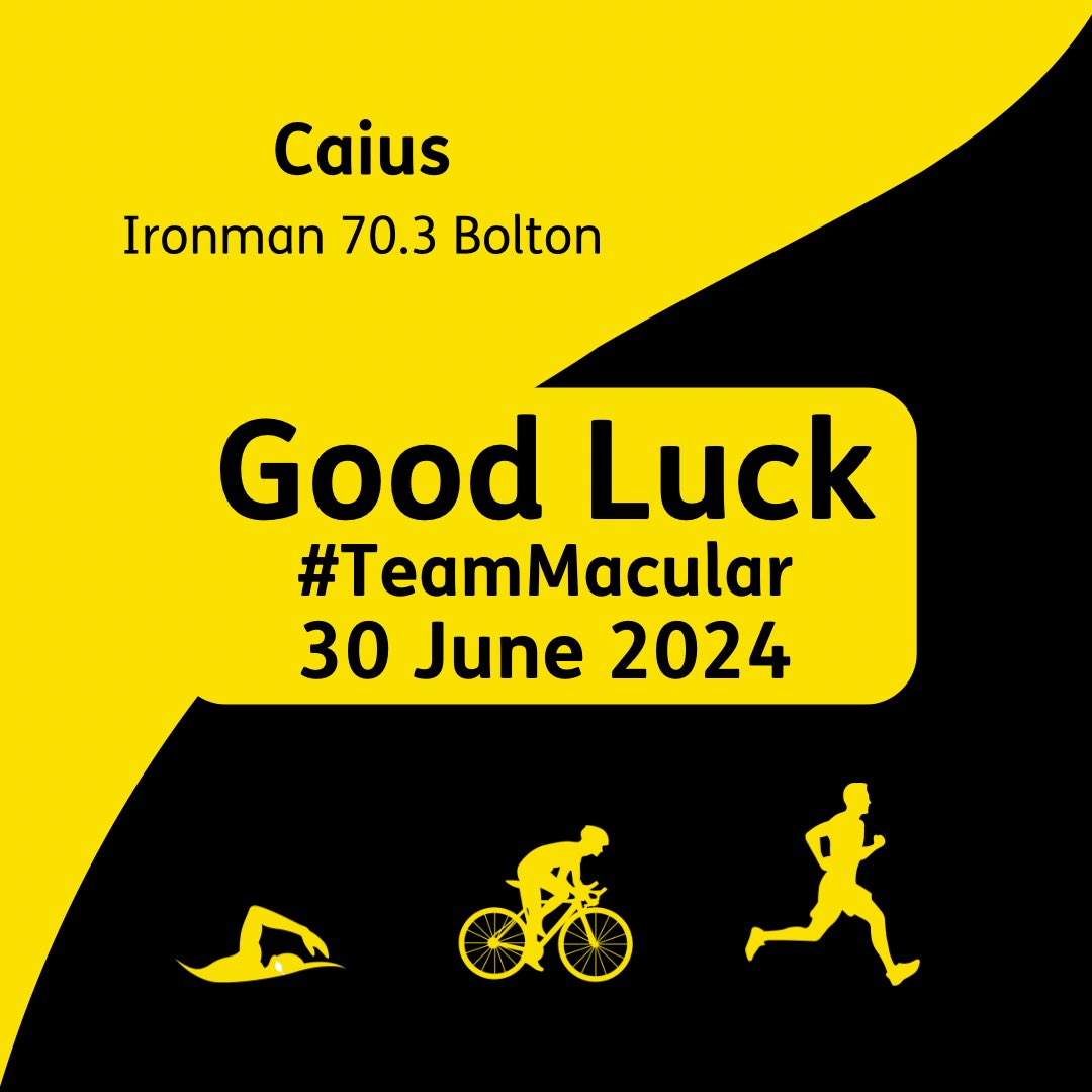 A massive 🍀 Good Luck 🍀 to Caius who is taking the Ironman 70.3 in Bolton today. The event involves a 1.2 mile swim, 56 mile bike ride and then a 13.1 mile run! 💪 

To read Caius’s story and support him ➡️ justgiving.com/page/caius-jef…

<a href="/IRONMANtri/">IRONMAN Triathlon</a> <a href="/MacularSociety/">Macular Society</a>